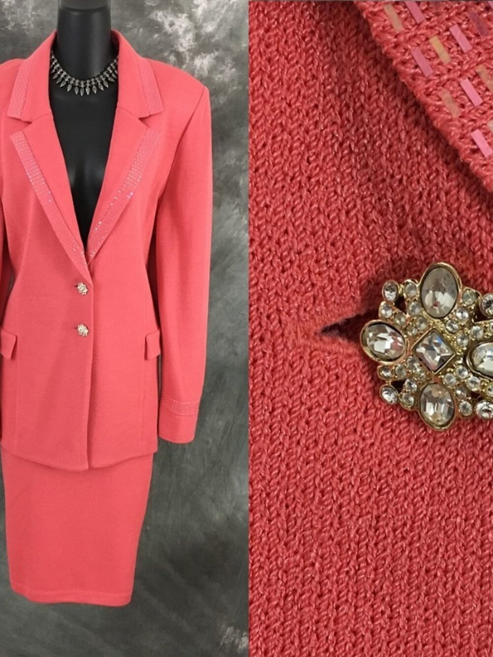 BEAUTIFUL St John evening coral knit rhinestones embellished skirt suit size 16